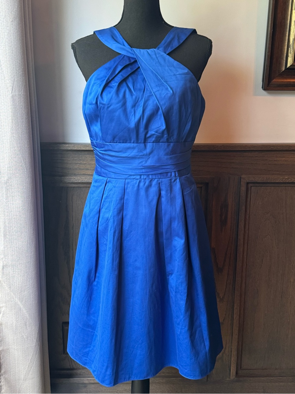 David's Bridal Royal Blue Cross-Over Halter Fit & Flare Mini Dress sz 8